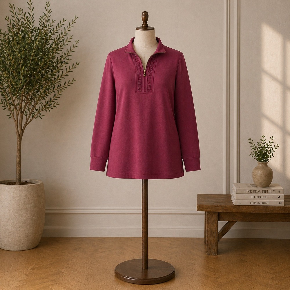 Belle by Kim Gravel Burgundy Rhinestone Quarter Zip Pullover Top XSP
